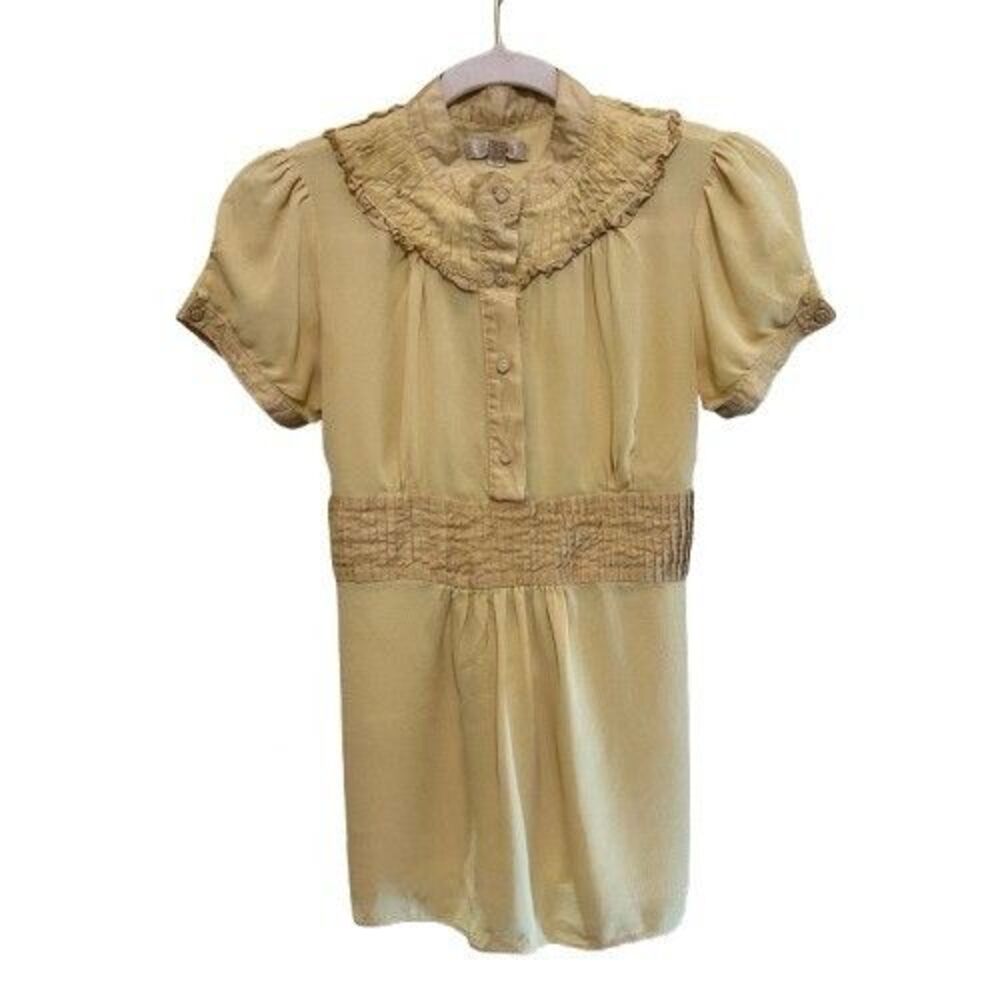 VTG Jaloux 100% Silk Top Womens Small Yellow Pleated Tie Back Y2K Twee